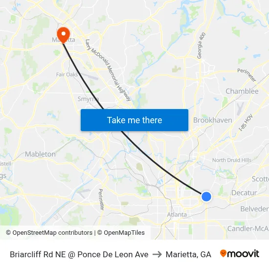 Briarcliff Rd NE @ Ponce De Leon Ave to Marietta, GA map