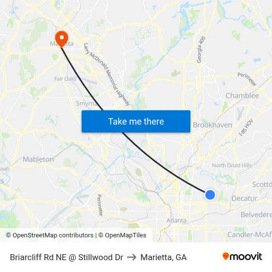 Briarcliff Rd NE @ Stillwood Dr to Marietta, GA map