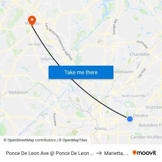 Ponce De Leon Ave @ Ponce De Leon Mnr to Marietta, GA map