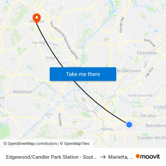 Edgewood/Candler Park Station - South Loop to Marietta, GA map