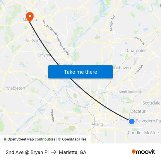 2nd Ave @ Bryan Pl to Marietta, GA map