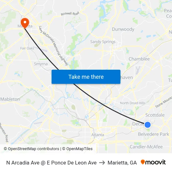 N Arcadia Ave @ E Ponce De Leon Ave to Marietta, GA map