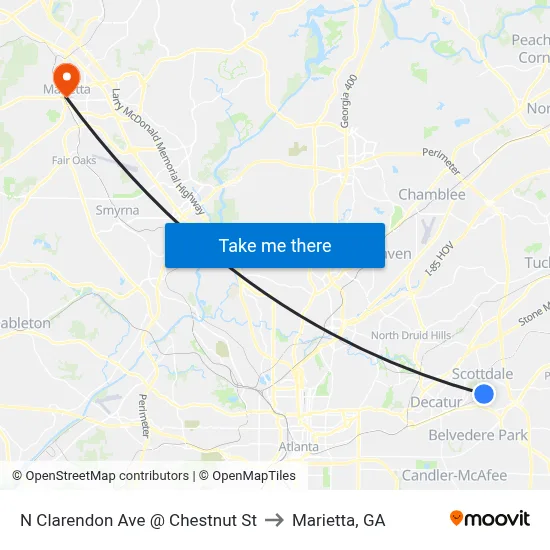 N Clarendon Ave @ Chestnut St to Marietta, GA map