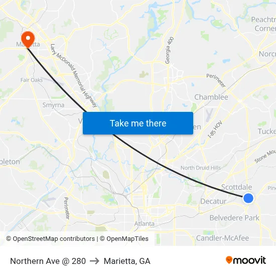 Northern Ave @ 280 to Marietta, GA map