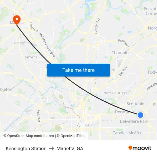 Kensington Station to Marietta, GA map