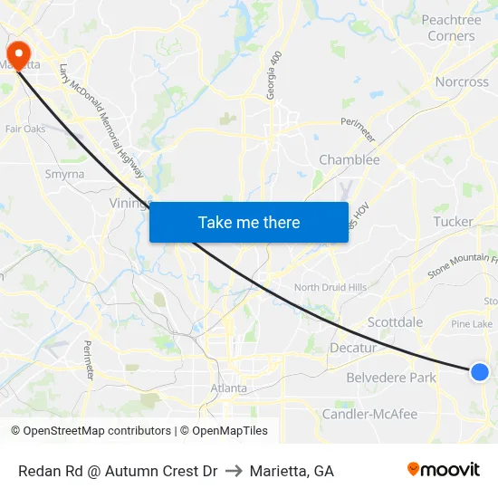 Redan Rd @ Autumn Crest Dr to Marietta, GA map