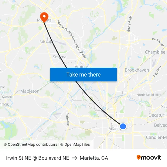 Irwin St NE @ Boulevard NE to Marietta, GA map