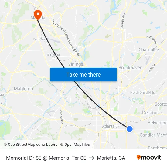 Memorial Dr SE @ Memorial Ter SE to Marietta, GA map