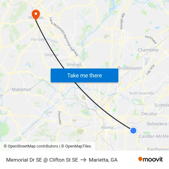 Memorial Dr SE @ Clifton St SE to Marietta, GA map