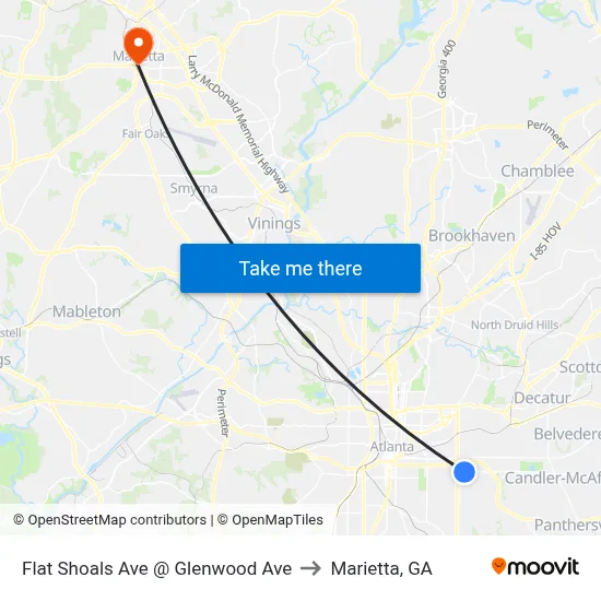 Flat Shoals Ave @ Glenwood Ave to Marietta, GA map