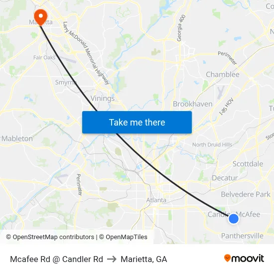 Mcafee Rd @ Candler Rd to Marietta, GA map