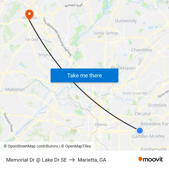Memorial Dr @ Lake Dr SE to Marietta, GA map