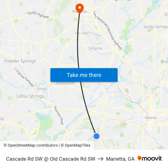 Cascade Rd SW @ Old Cascade Rd SW to Marietta, GA map