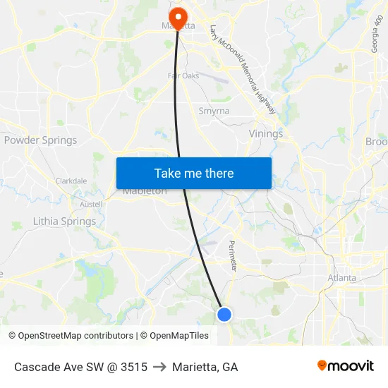 Cascade Ave SW @ 3515 to Marietta, GA map