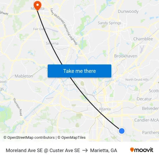 Moreland Ave SE @ Custer Ave SE to Marietta, GA map