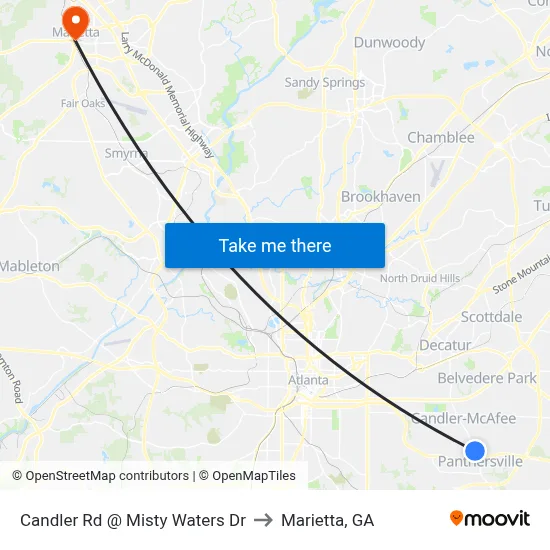 Candler Rd @ Misty Waters Dr to Marietta, GA map