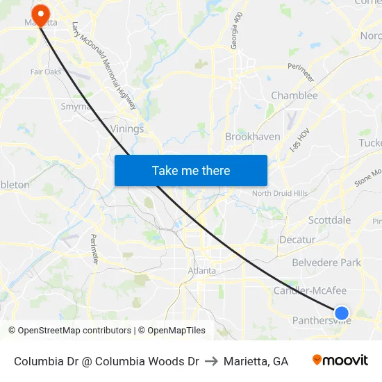 Columbia Dr @ Columbia Woods Dr to Marietta, GA map