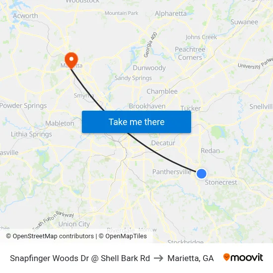 Snapfinger Woods Dr @ Shell Bark Rd to Marietta, GA map