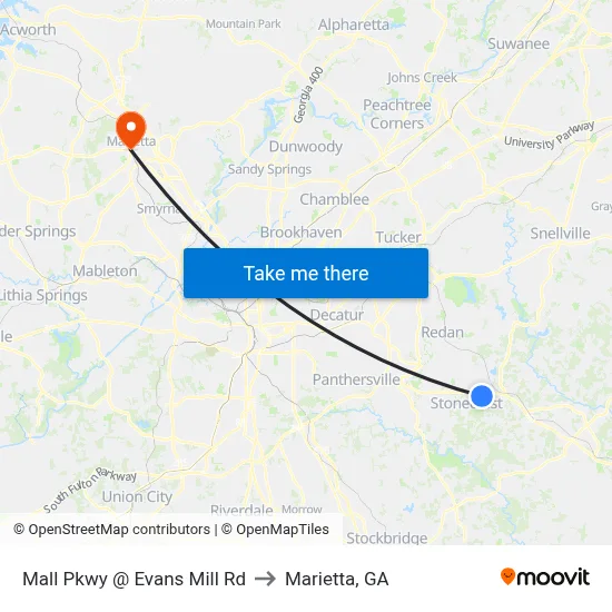 Mall Pkwy @ Evans Mill Rd to Marietta, GA map