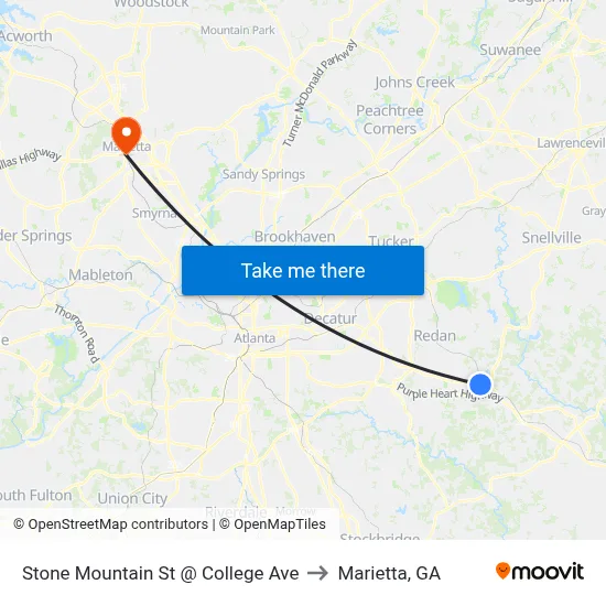 Stone Mountain St @ College Ave to Marietta, GA map