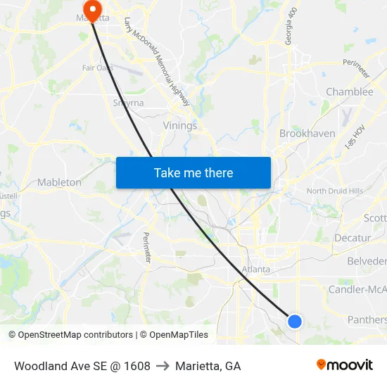 Woodland Ave SE @ 1608 to Marietta, GA map