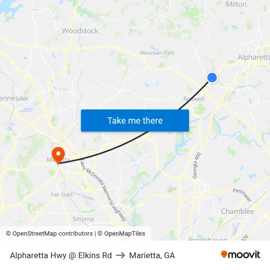 Alpharetta Hwy @ Elkins Rd to Marietta, GA map