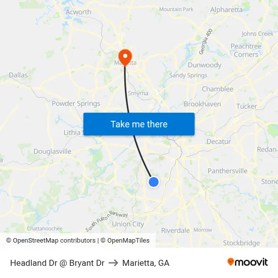 Headland Dr @ Bryant Dr to Marietta, GA map