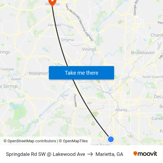 Springdale Rd SW @ Lakewood Ave to Marietta, GA map