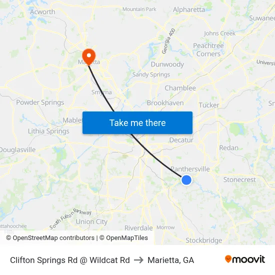 Clifton Springs Rd @ Wildcat Rd to Marietta, GA map