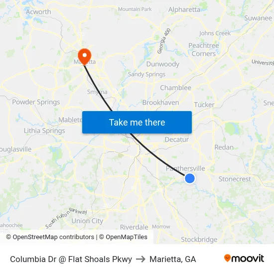 Columbia Dr @ Flat Shoals Pkwy to Marietta, GA map