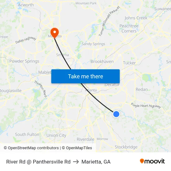 River Rd @ Panthersville Rd to Marietta, GA map