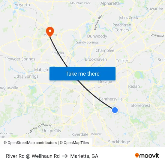 River Rd @ Wellhaun Rd to Marietta, GA map