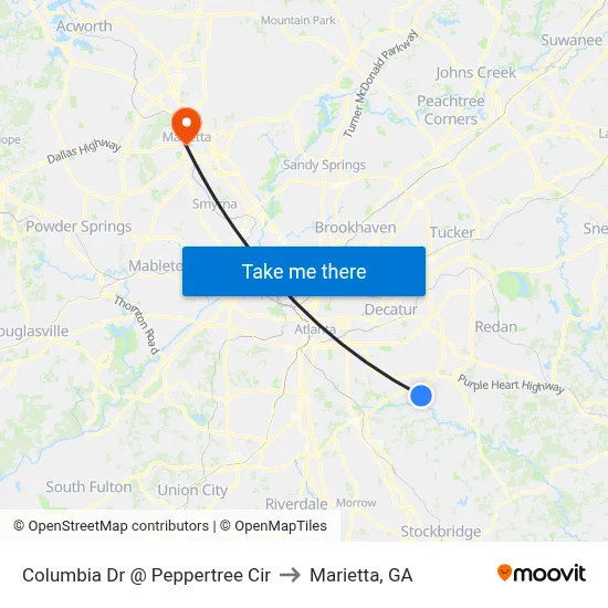 Columbia Dr @ Peppertree Cir to Marietta, GA map