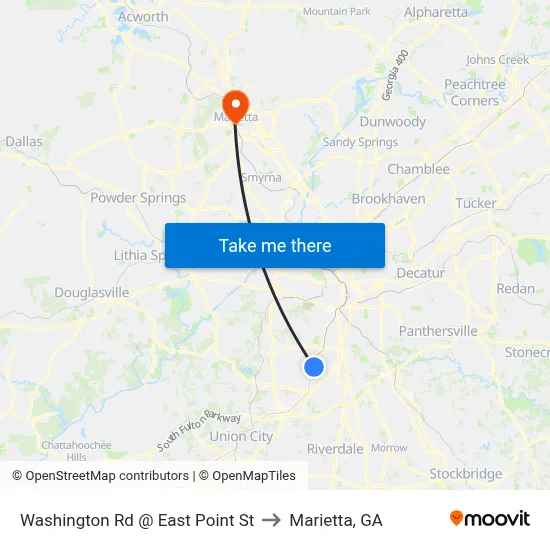 Washington Rd @ East Point St to Marietta, GA map