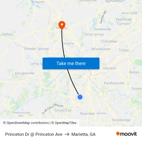 Princeton Dr @ Princeton Ave to Marietta, GA map