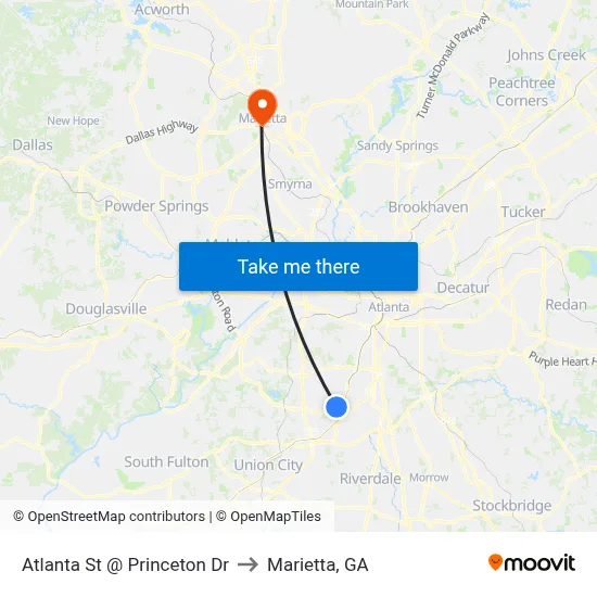 Atlanta St @ Princeton Dr to Marietta, GA map