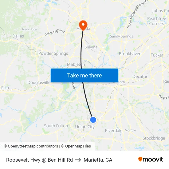 Roosevelt Hwy @ Ben Hill Rd to Marietta, GA map
