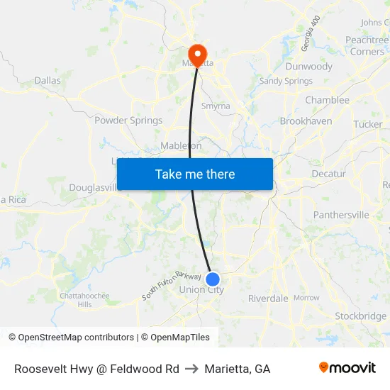 Roosevelt Hwy @ Feldwood Rd to Marietta, GA map
