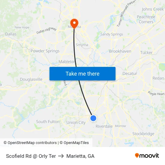 Scofield Rd @ Orly Ter to Marietta, GA map