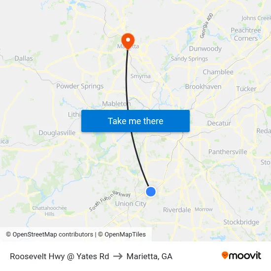 Roosevelt Hwy @ Yates Rd to Marietta, GA map