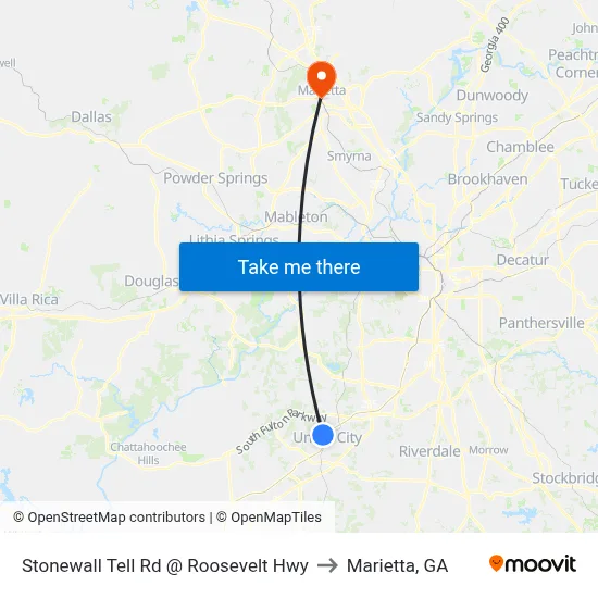 Stonewall Tell Rd @ Roosevelt Hwy to Marietta, GA map