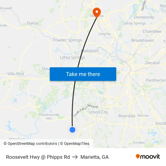 Roosevelt Hwy @ Phipps Rd to Marietta, GA map