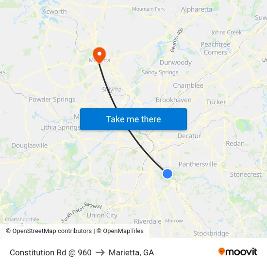 Constitution Rd @ 960 to Marietta, GA map