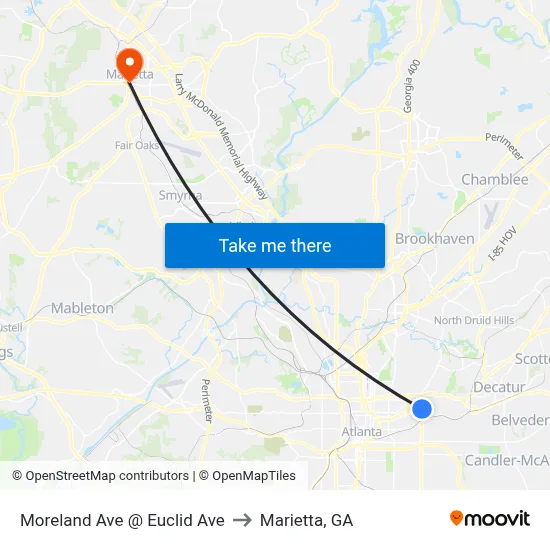 Moreland Ave @ Euclid Ave to Marietta, GA map