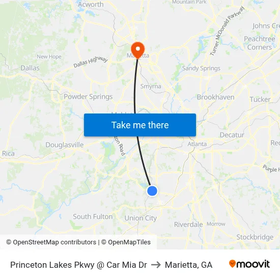 Princeton Lakes Pkwy @ Car Mia Dr to Marietta, GA map