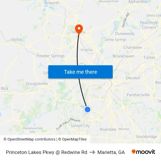 Princeton Lakes Pkwy @ Redwine Rd to Marietta, GA map