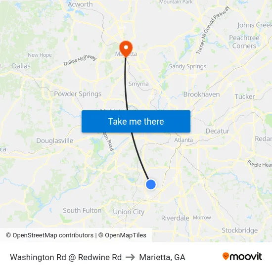 Washington Rd @ Redwine Rd to Marietta, GA map