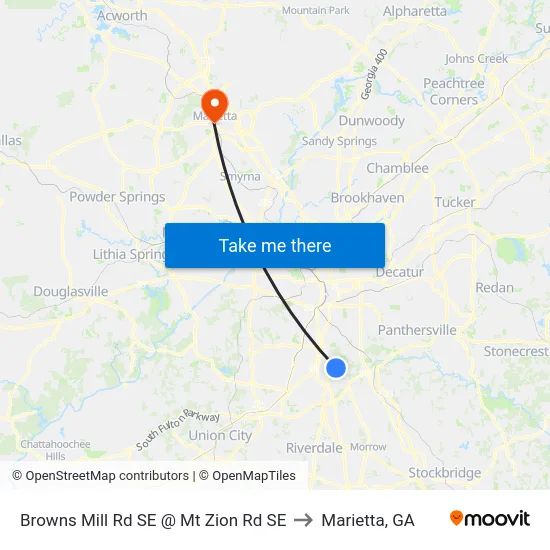 Browns Mill Rd SE @ Mt Zion Rd SE to Marietta, GA map