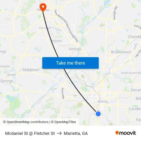 Mcdaniel St @ Fletcher St to Marietta, GA map