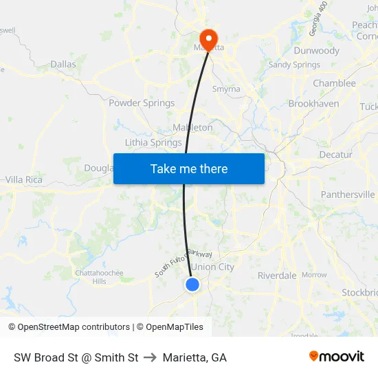 SW Broad St @ Smith St to Marietta, GA map